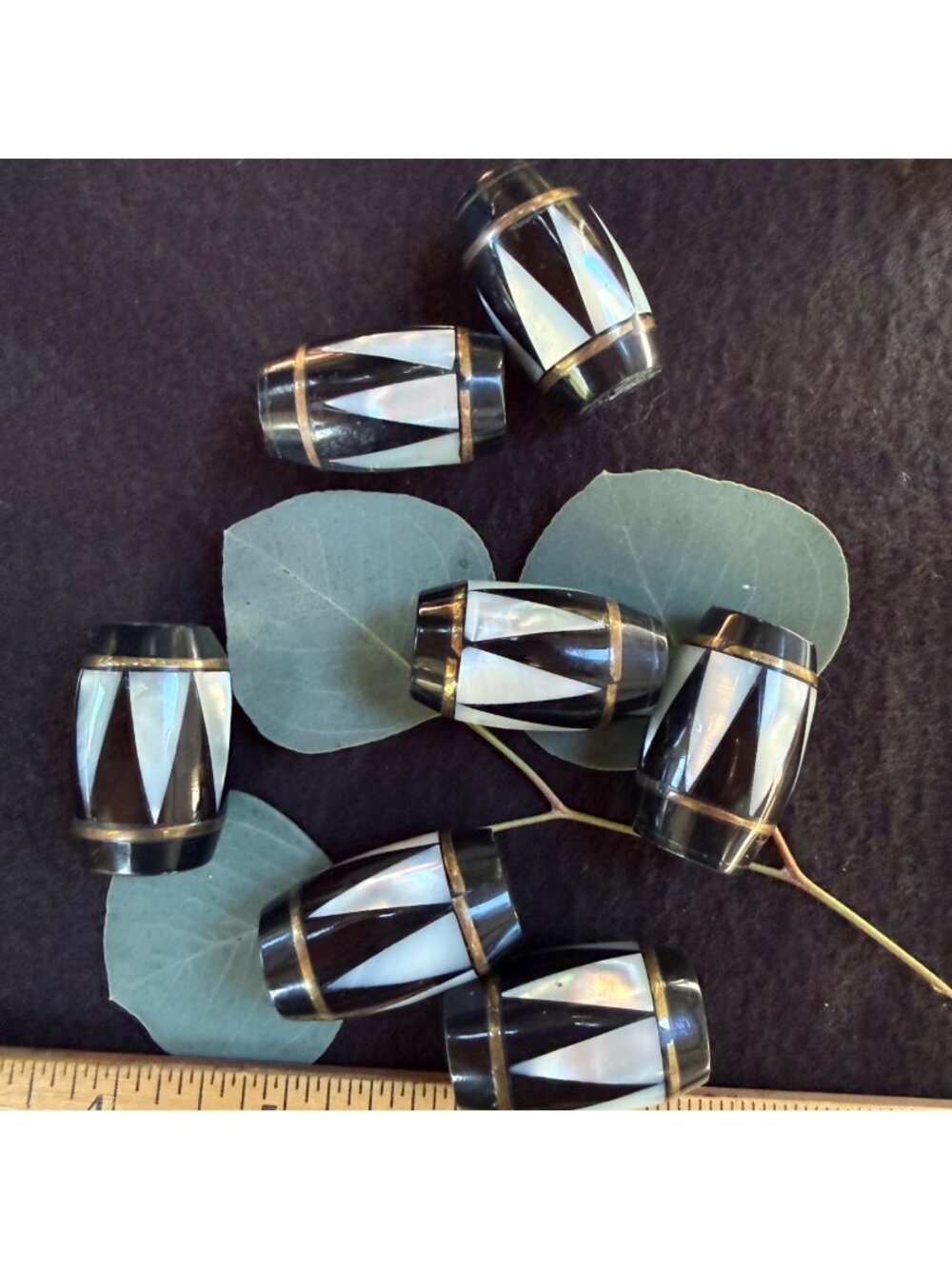 Black & White Mother Of Pearl Barrel Beads With Geometric Design Approx. 1 Inch